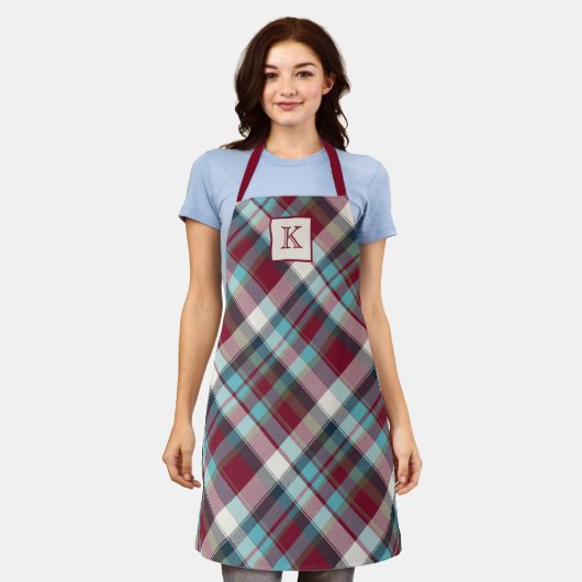 Rood, turquoise, blauw, wit geplakt schort (Gedragen)