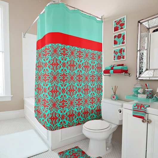 Rood & turquoise bloemmotief douchegordijn