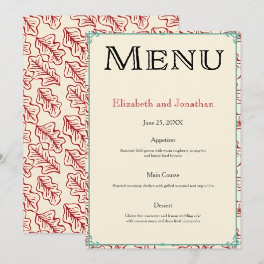 Rood & Turquoise Land Bruiloft Receptie Menu Kaart (Voorkant / Achterkant)