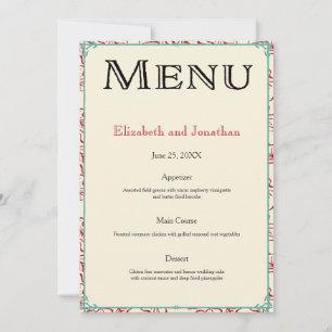 Rood & Turquoise Land Bruiloft Receptie Menu Kaart