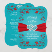 Rood, Turquoise liefde harten bruiloft uitnodiging (Voorkant / Achterkant)
