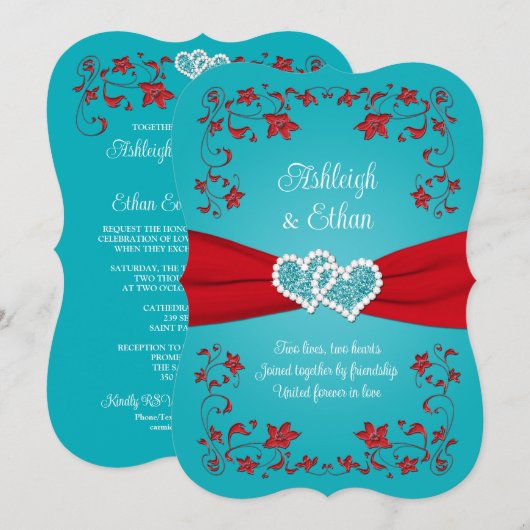Rood, Turquoise liefde harten bruiloft uitnodiging (Voorkant / Achterkant)