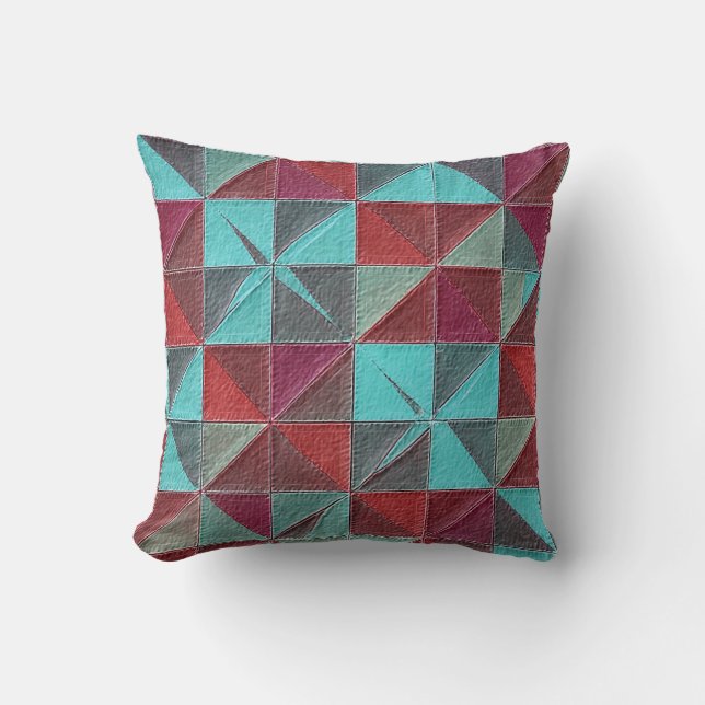 rood, turquoise, paars en grijs quilt kussen (Voorkant)
