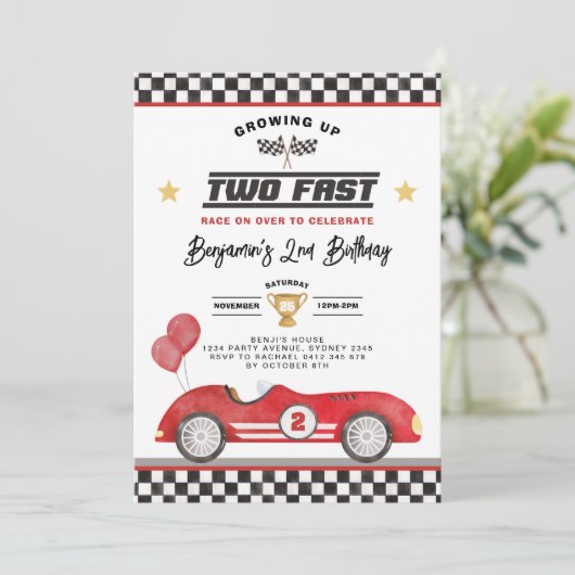  rood twee snelle race auto jongen 2e verjaardag kaart (Staand voorkant)