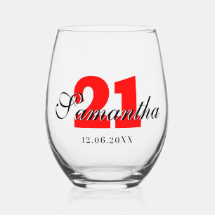 Rood verjaardagsnummer Zwart 3D Naam Datum Wijnglas Zonder Voet