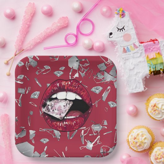 Rood verscheurd glas en diamant papieren bordje (Feest)