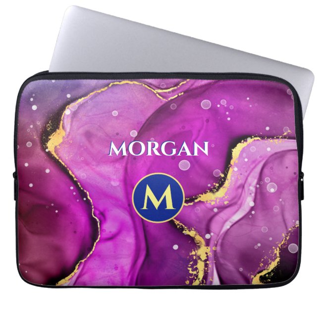 Rood-Violet & Gouden Vloeibare Inkt, Monogram & Na Laptop Sleeve (Voorkant)