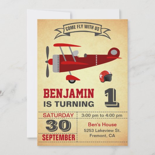 Rood Vliegtuig 1e Verjaardagsfeestuitnodiging Kaart (Voorkant)