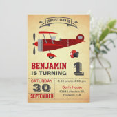 Rood Vliegtuig 1e Verjaardagsfeestuitnodiging Kaart (Staand voorkant)