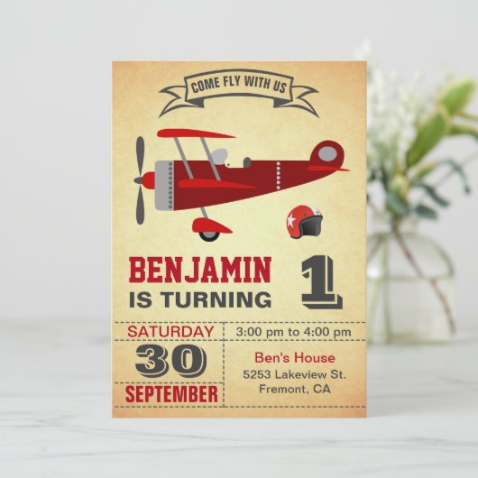 Rood Vliegtuig 1e Verjaardagsfeestuitnodiging Kaart (Staand voorkant)