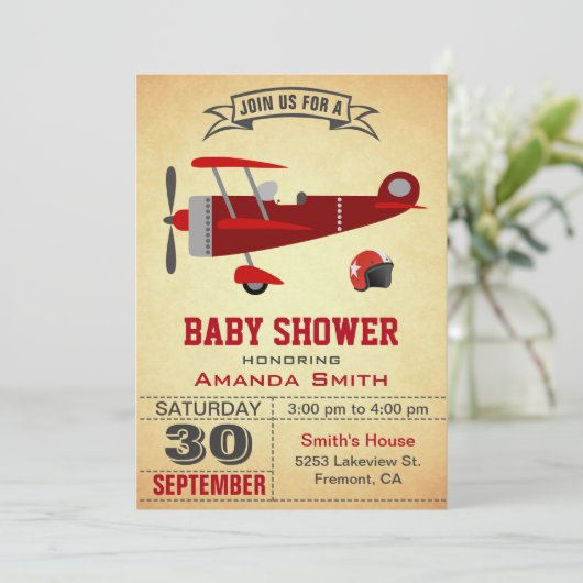Rood Vliegtuig Baby shower Uitnodiging (Staand voorkant)