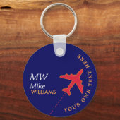 rood vliegtuig op blauwe sleutelhanger met naam (Voorkant)