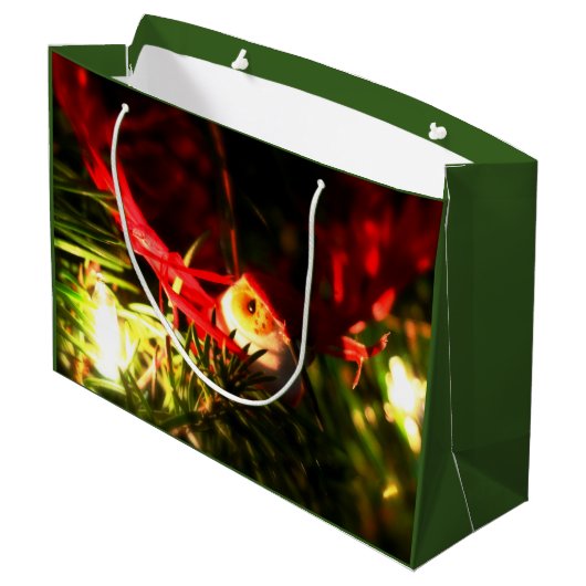 Rood vogel Ornament met kerstboomcadeau Groot Cadeauzakje (Achterkant Gekanteld)