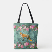 Rood vos op groen afdrukken met roze rozen tote bag (Achterkant)