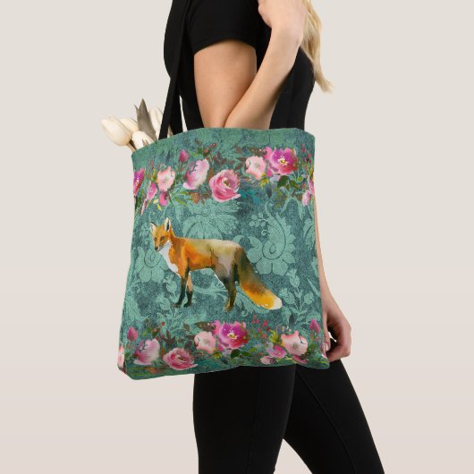 Rood vos op groen afdrukken met roze rozen tote bag (Dichtbij)
