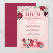 Rood  vrachtwagen en bloemen per Baby shower Kaart (Voorkant / Achterkant)