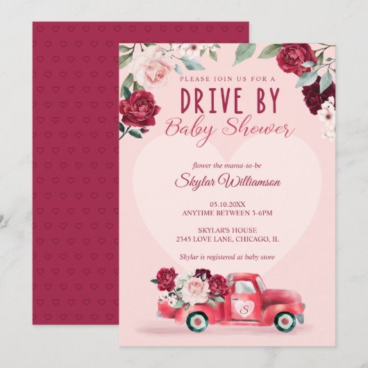 Rood  vrachtwagen en bloemen per Baby shower Kaart (Voorkant / Achterkant)