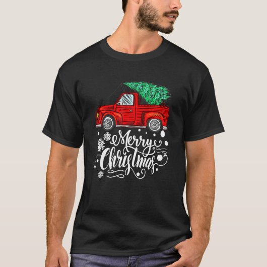  rood vrachtwagen met prettige kerstboomfamilie t-shirt (Voorkant)