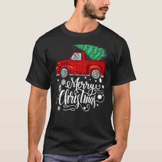  rood vrachtwagen met prettige kerstboomfamilie t-shirt (Voorkant)