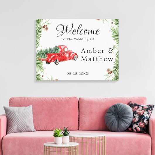  Rood Vrachtwagen Sneeuwkerstbruiloft Canvas Pr (Insitu (Woonkamer))