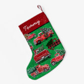  rood vrachtwagenpatroon op groen Voeg naam toe Kleine Kerstsok (Achterkant (Hangend))