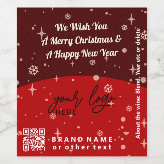 Rood vrolijk kerstbedrijfslogo QR-code chic Wijn Etiket (Enkel label)