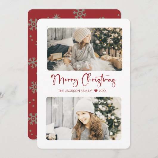 Rood Vrolijk Kerstmis Modern 2 Foto Feestdagenkaart (Voorkant / Achterkant)