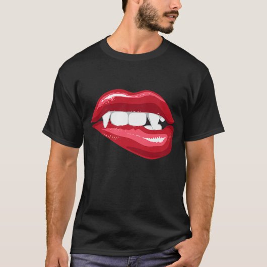 Rood Vrouw Lips Shirt Koel Halloween Vampier Fangs (Voorkant)