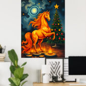 Rood Vuur Paard bij de Kerstboom & Maan Poster (Thuiskantoor)