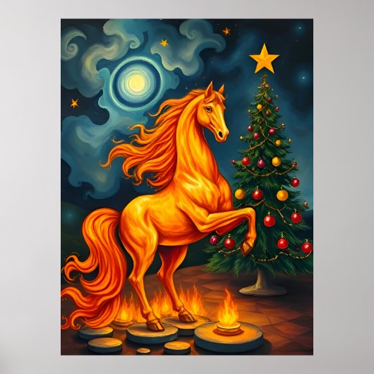 Rood Vuur Paard bij de Kerstboom & Maan Poster (Voorkant)