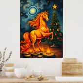 Rood Vuur Paard bij de Kerstboom & Maan Poster (Keuken)