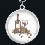 Rood wasflesje, druiven, glas Ketting<br><div class="desc">Voorziet een originele markeringsillustratie van een glas rode merlot wijn omringd door een fles en druiven. Ideaal voor je favoriete foodie of wijn.</div>