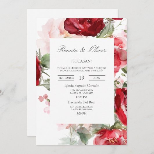 Rood water gekleurd roos Spaans bruiloft uitnodigi Kaart (Voorkant / Achterkant)