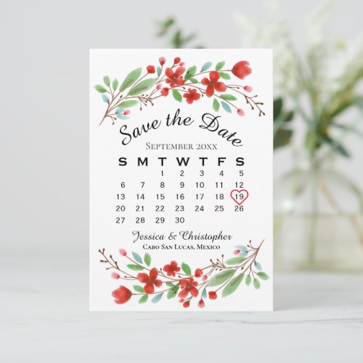 Rood Waterverf Blossom Weddenschap Agenda Save The Date (Staand voorkant)
