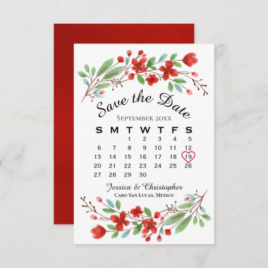 Rood Waterverf Blossom Weddenschap Agenda Save The Date (Voorkant / Achterkant)
