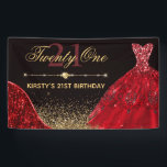 Rood Waterverf Dress & Red wave Edge 21st Birthday Spandoek<br><div class="desc">Rode Waterverf Dress en rood glitter golf edge-ontwerp met zwarte achtergrond</div>