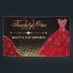 Rood Waterverf Dress & Red wave Edge 21st Birthday Spandoek<br><div class="desc">Rode Waterverf Dress en rood glitter golf edge-ontwerp met zwarte achtergrond</div>
