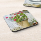 Rood waterverf geranium bier onderzetter (Linkerzijde)