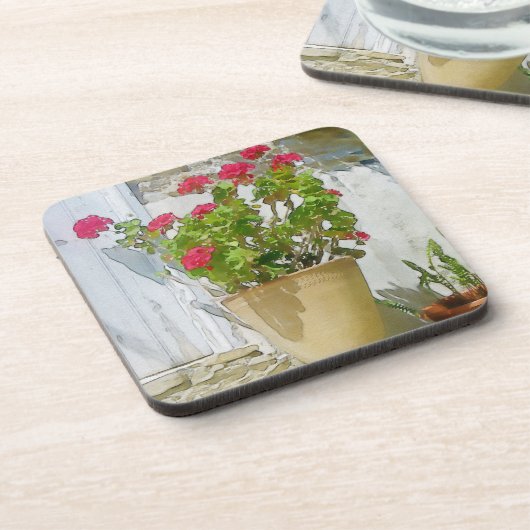 Rood waterverf geranium bier onderzetter (Linkerzijde)