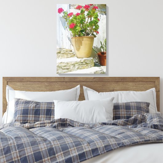 Rood waterverf geranium canvas afdruk (Insitu (Slaapkamer))