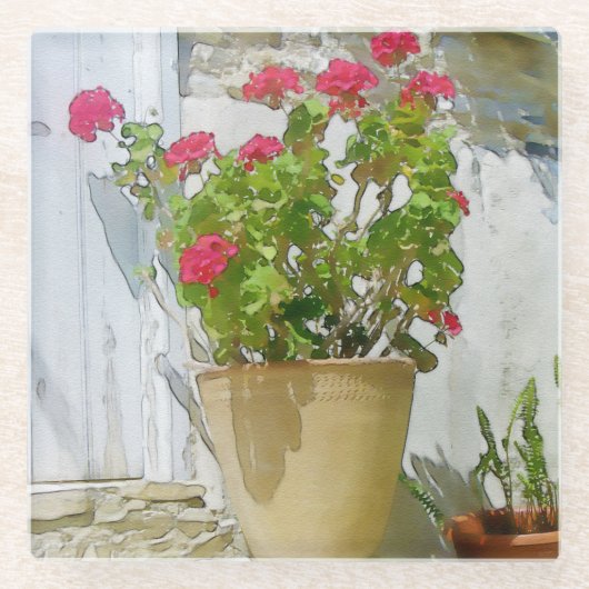 Rood waterverf geranium glazen onderzetter (Voorkant)