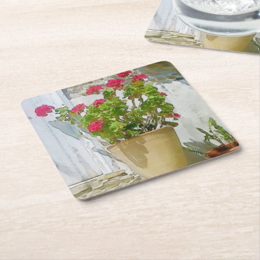 Rood waterverf geranium kartonnen onderzetters (Schuin)