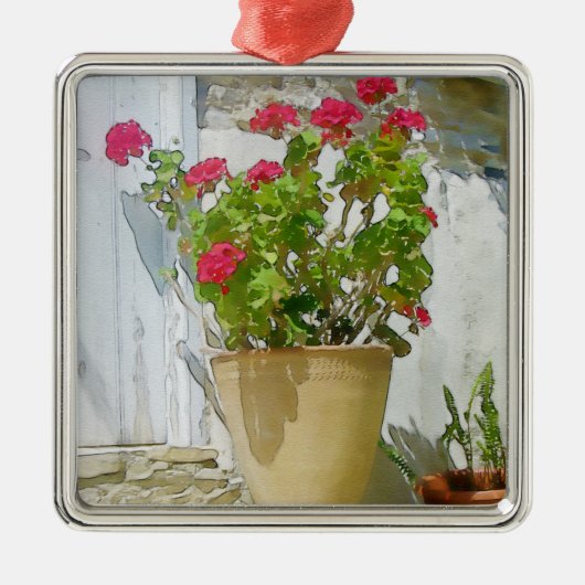 Rood waterverf geranium metalen ornament (Voorkant)