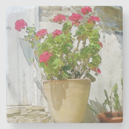Rood waterverf geranium stenen onderzetter (Voorkant)