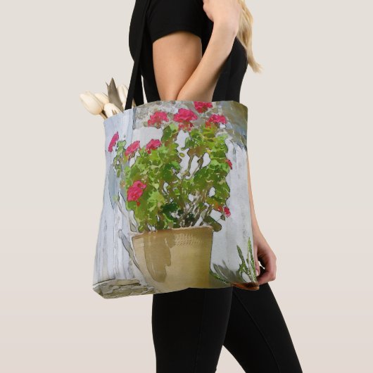 Rood waterverf geranium tote bag (Dichtbij)