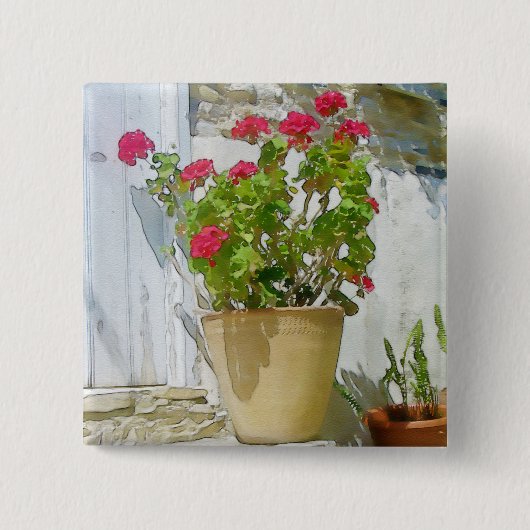 Rood waterverf geranium vierkante button 5,1 cm (Voorkant)