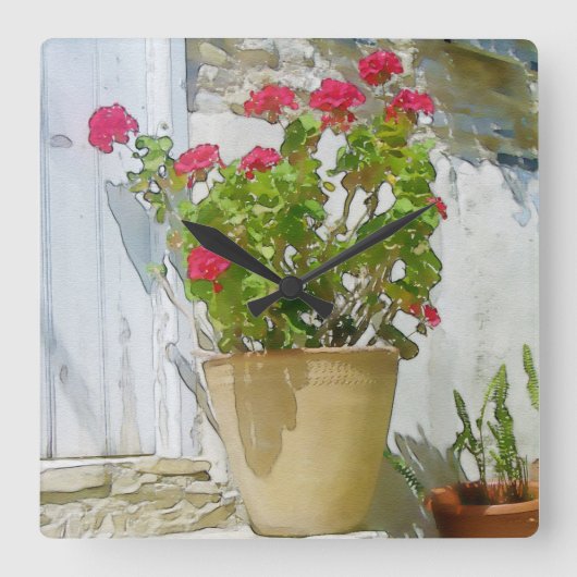 Rood waterverf geranium vierkante klok (Voorkant)