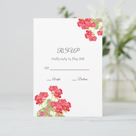 Rood Waterverf Geraniums 2 RSVP Kaartje (Staand voorkant)