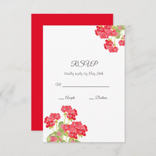 Rood Waterverf Geraniums 2 RSVP Kaartje (Voorkant / Achterkant)