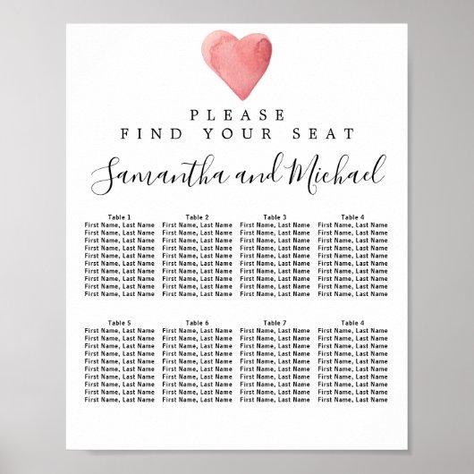 Rood Waterverf Hart. 8-tafel weduwenkaart Poster (Voorkant)